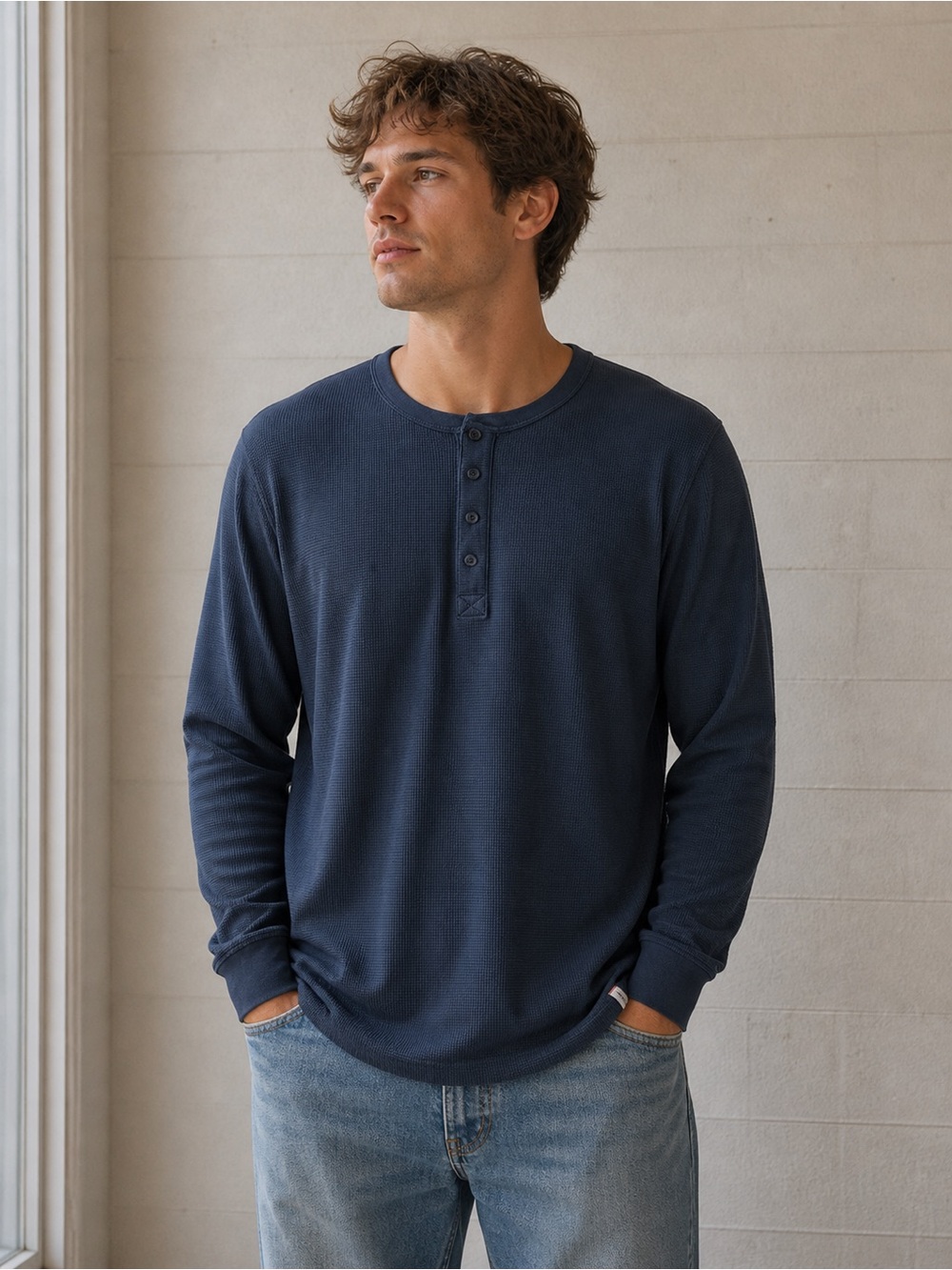 NWT XXL The Normal Brand Waffle Navy Long-Sleeve Henley 100% Cotton